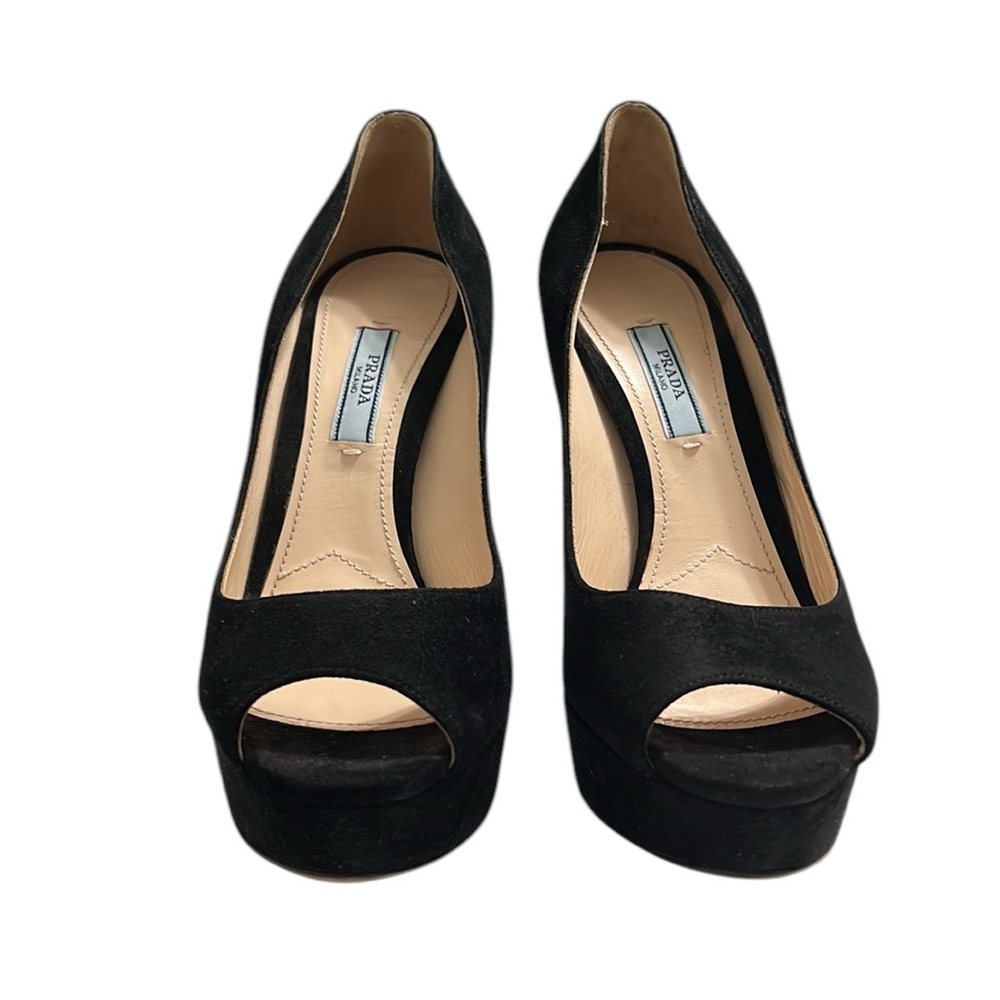 Prada Black Suede Peep Toe Pumps Size 38 - Picture 2 of 10